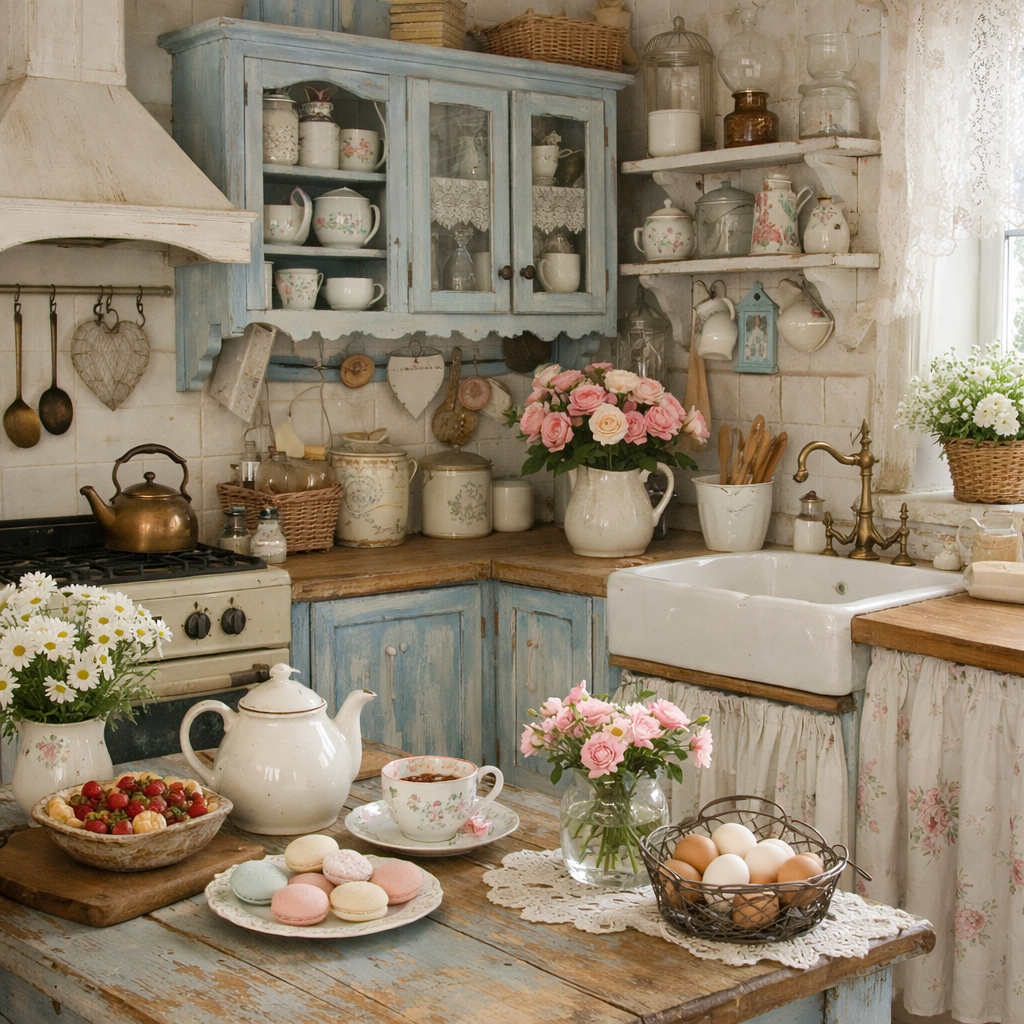 A shabby chic kitchen featuring blue and white cabinets, floral dishware, and natural wood accents.