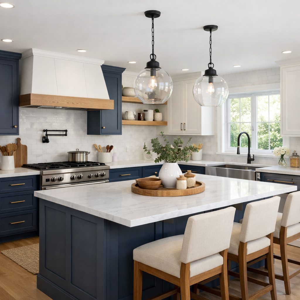 Sophisticated kitchen with blue cabinets and white accents, featuring an island with barstools and stylish lighting.