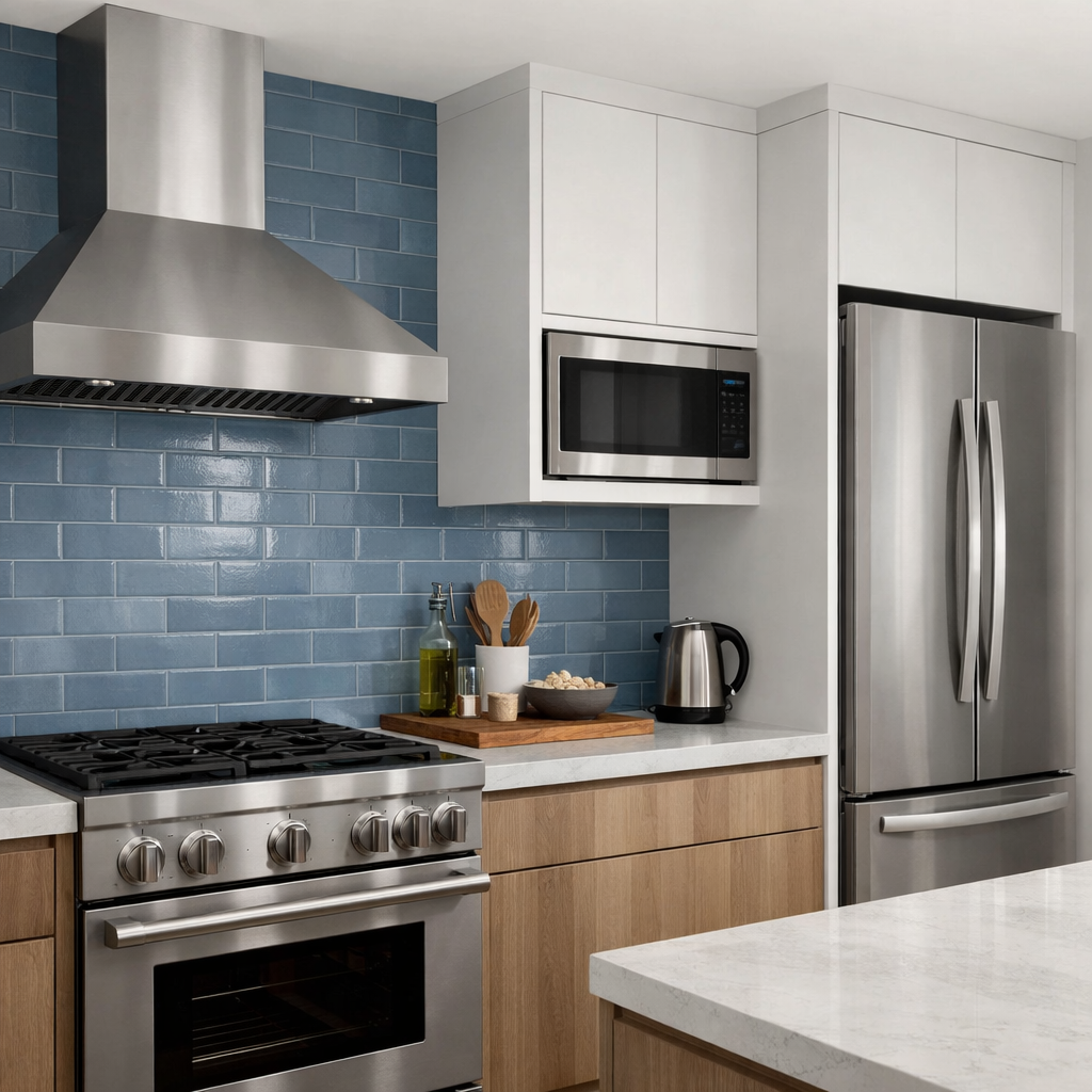 Contemporary kitchen featuring a dusty blue backsplash with stainless steel appliances and light wood cabinetry.