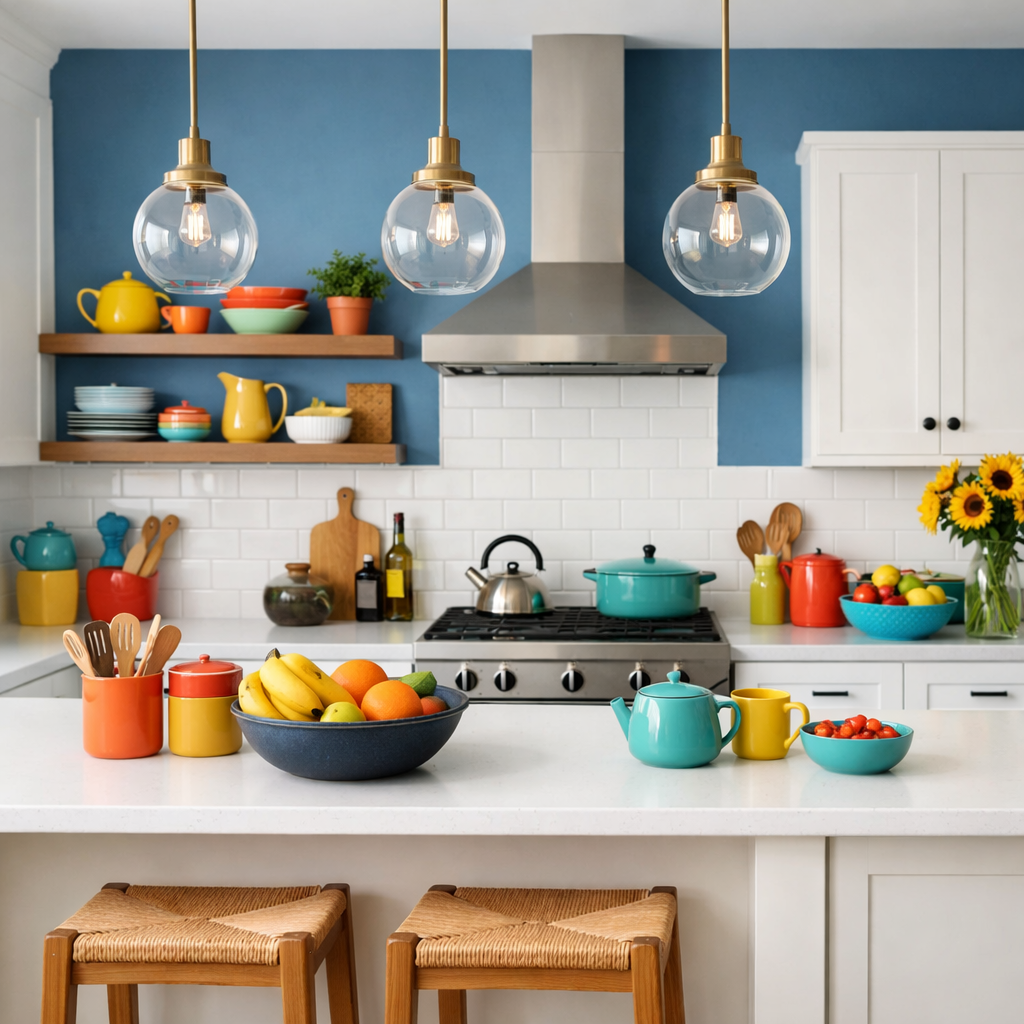 A kitchen featuring a dusty blue accent wall, colorful dishes, and bright accessories.
