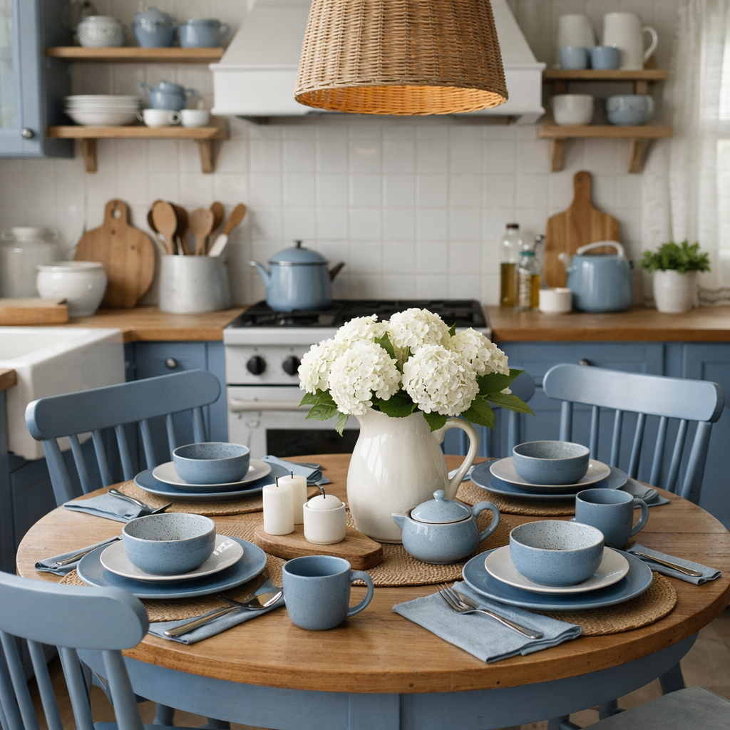 A bright kitchen featuring dusty blue cabinets, a wooden table, and white floral arrangements.