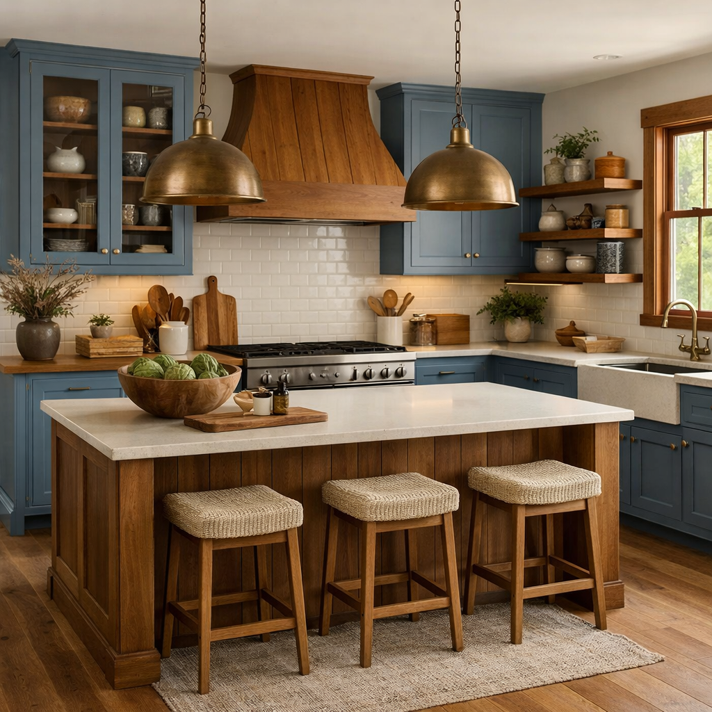 A cozy kitchen featuring dusty blue cabinetry, wooden accents, and stylish decor.