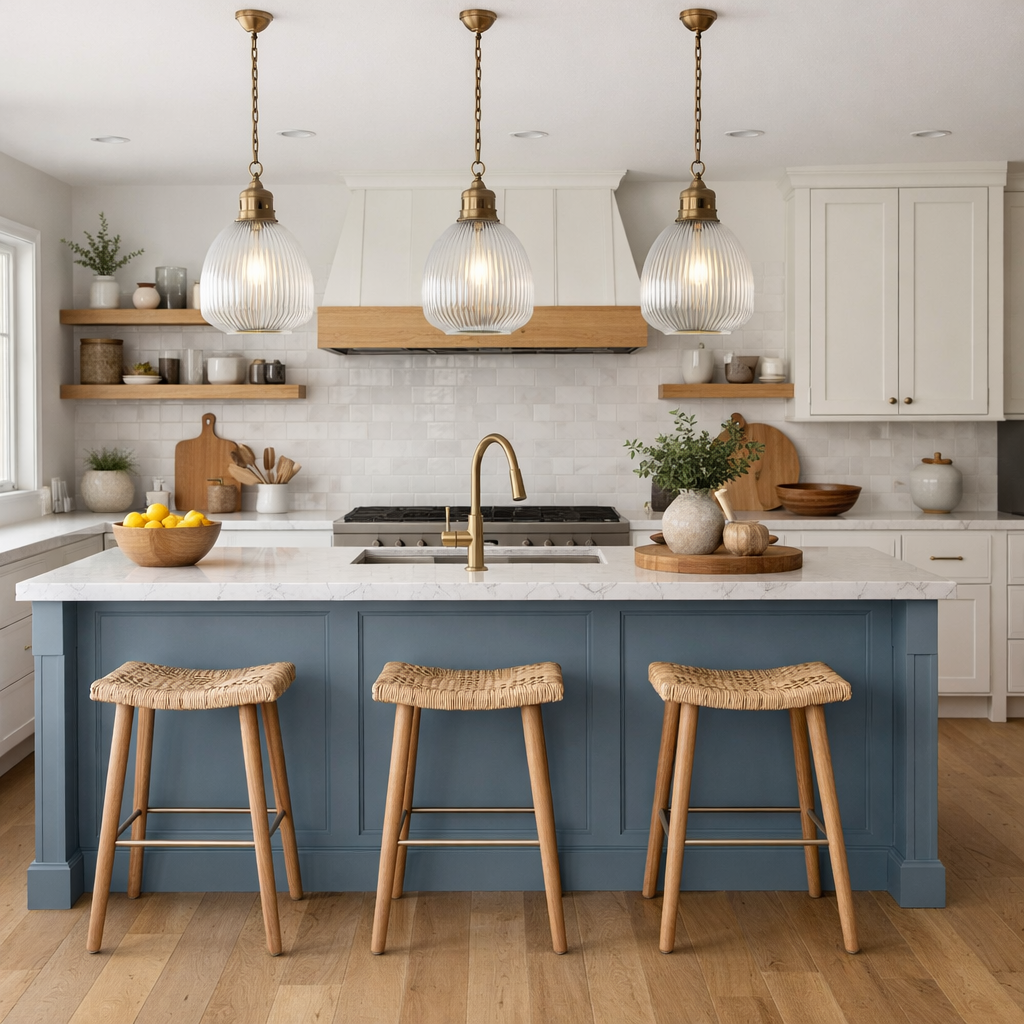Dusty blue kitchen island with white marble countertop and wooden bar stools