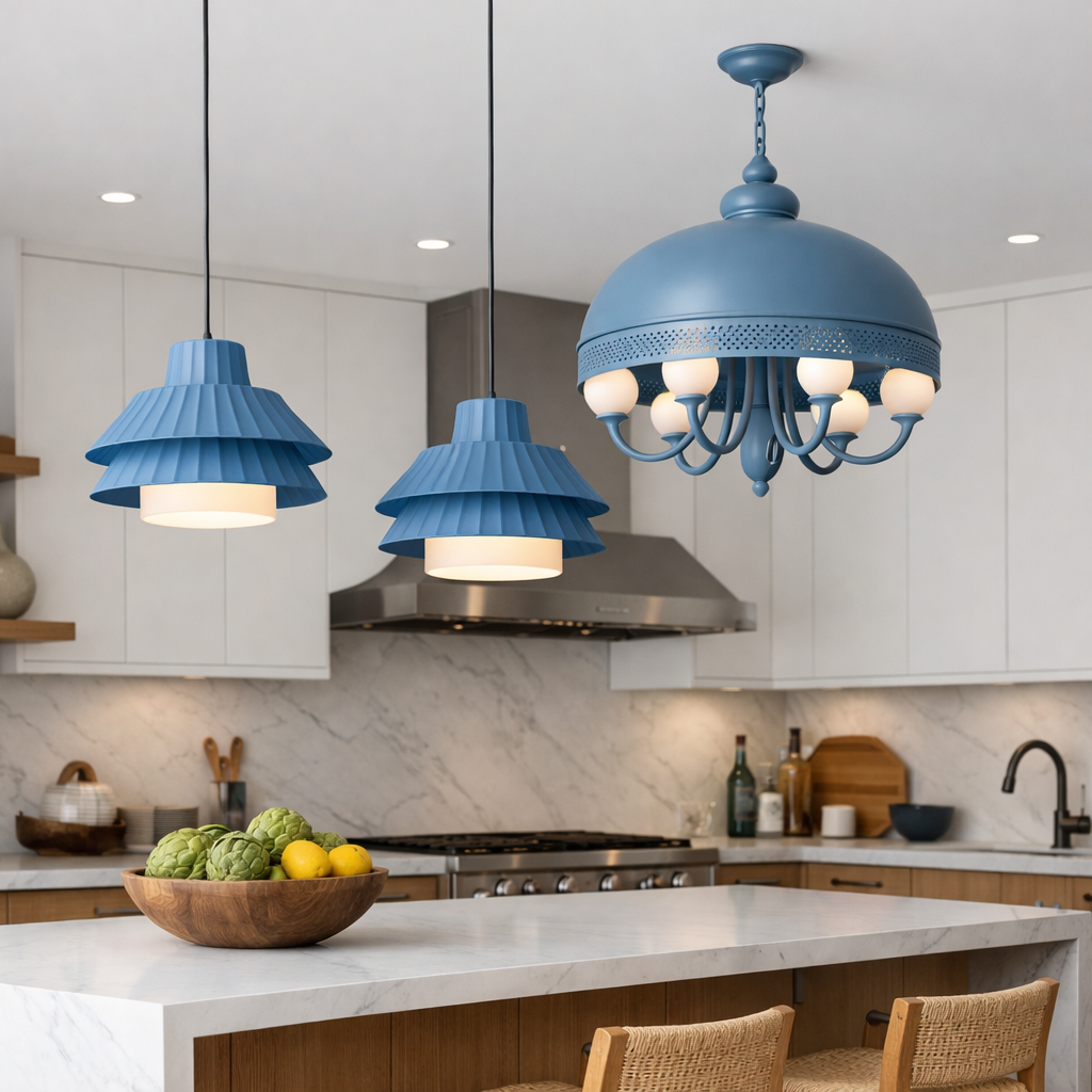 A kitchen featuring dusty blue pendant lights and chandelier