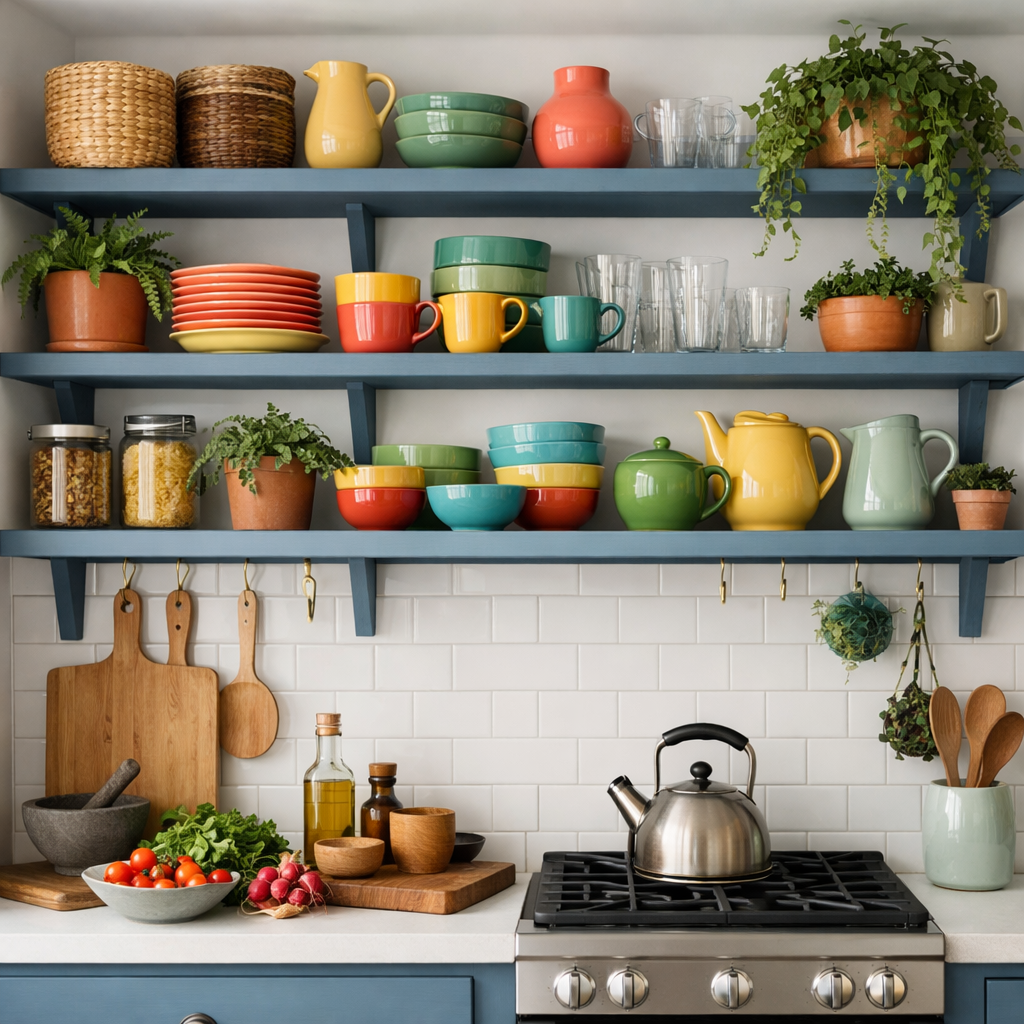 Dusty blue open shelves displaying colorful dishes, plants, and kitchen items.
