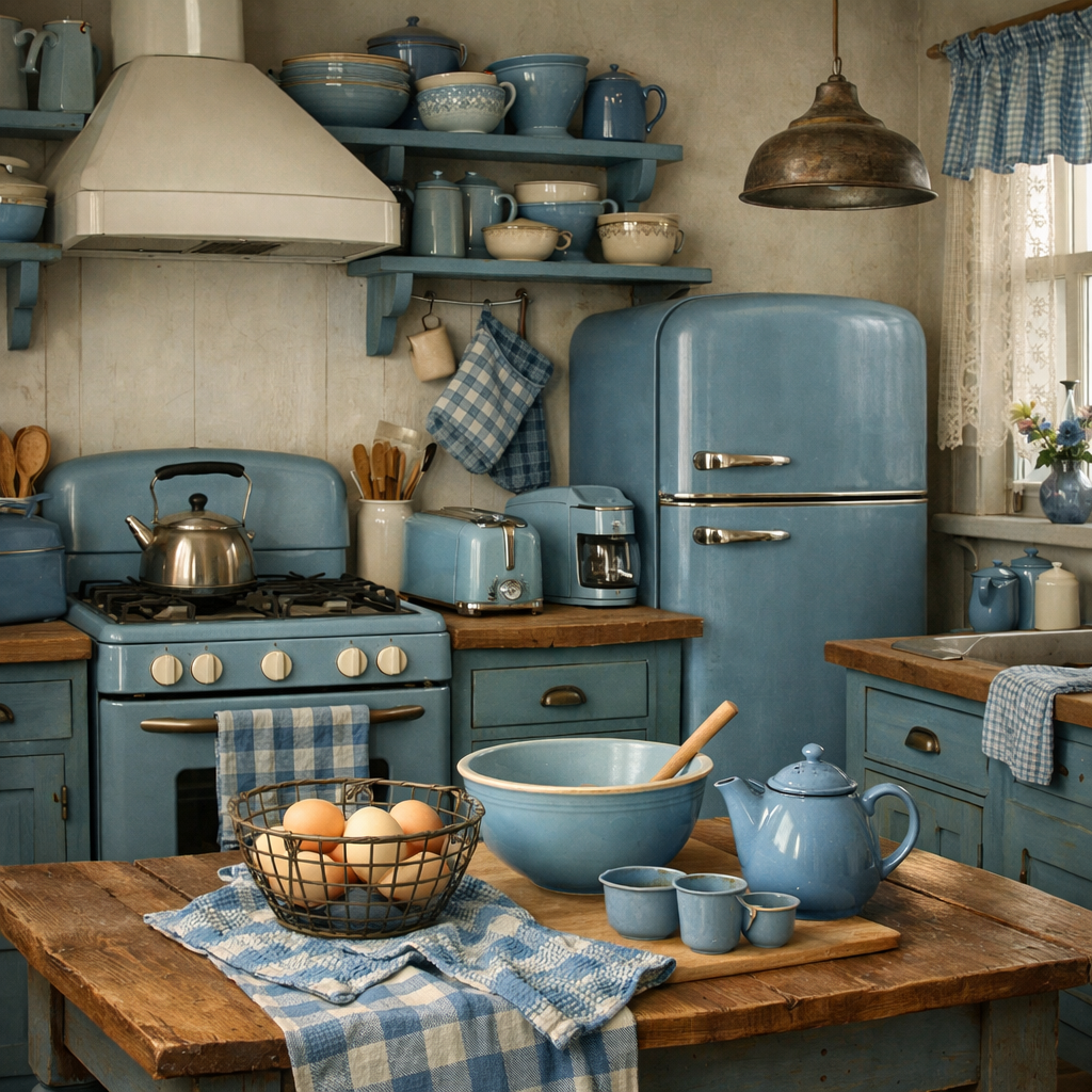 A vintage-style kitchen featuring dusty blue decor, wooden countertops, and antique appliances.