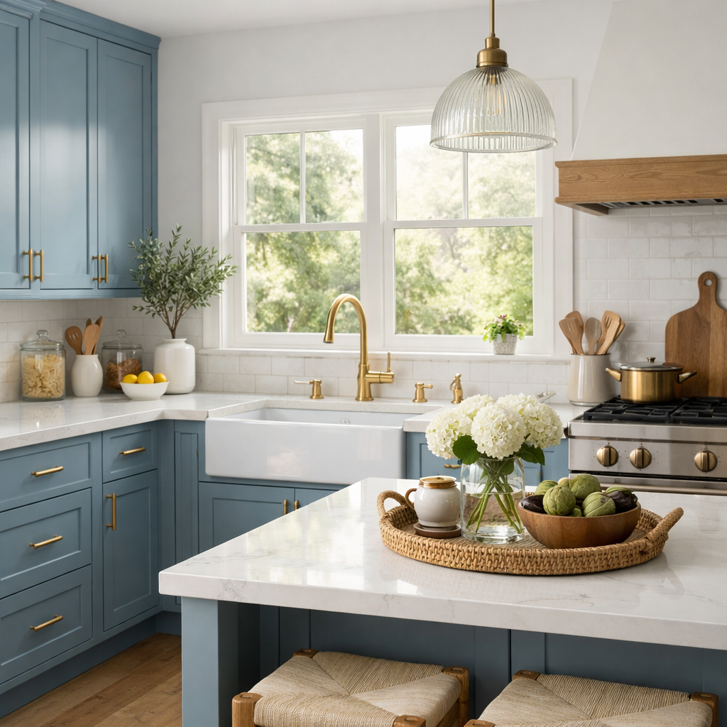 A kitchen featuring elegant dusty blue cabinets with brass fixtures and a bright, airy ambiance.