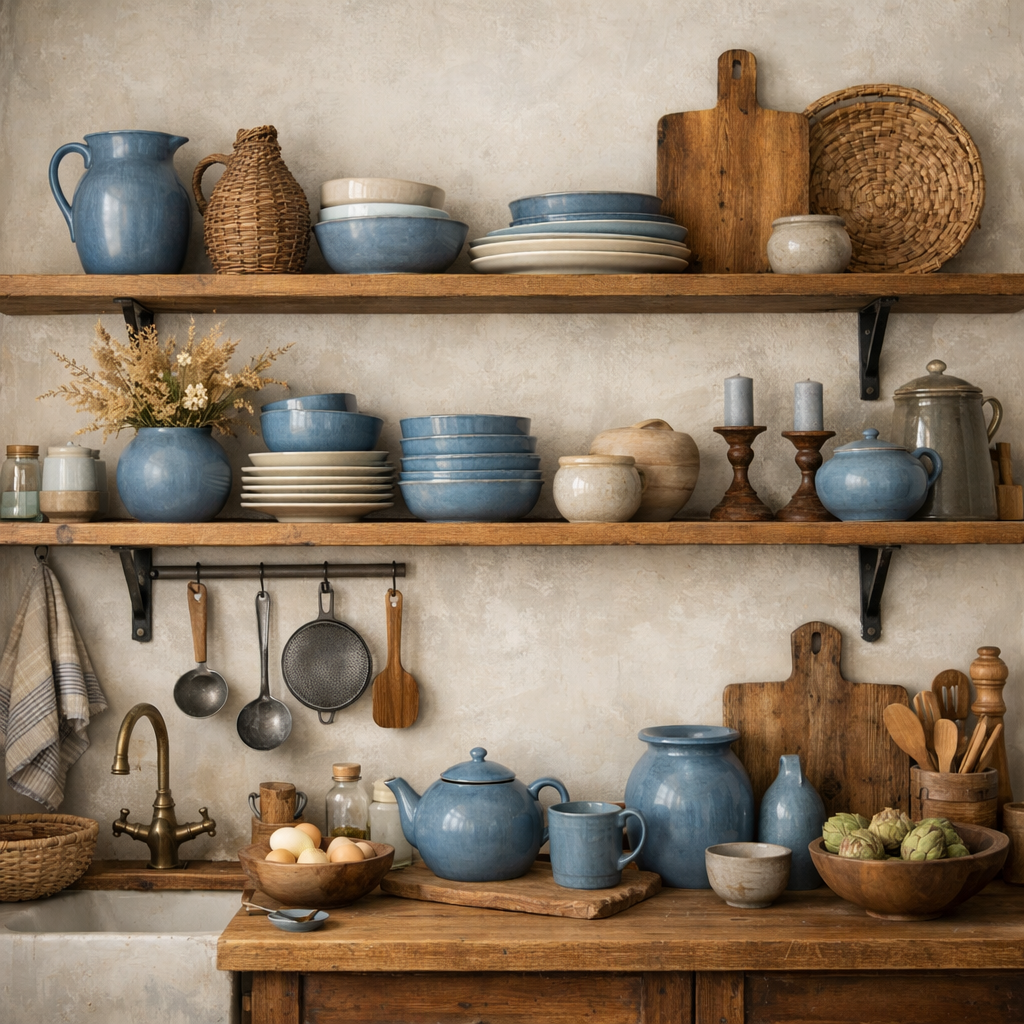 A rustic kitchen with dusty blue ceramic dinnerware and wooden shelves
