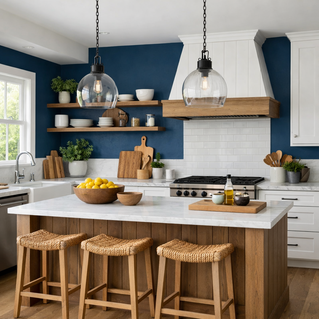 A farmhouse kitchen featuring a deep blue accent wall, wooden shelves, and a central island with a bowl of lemons.