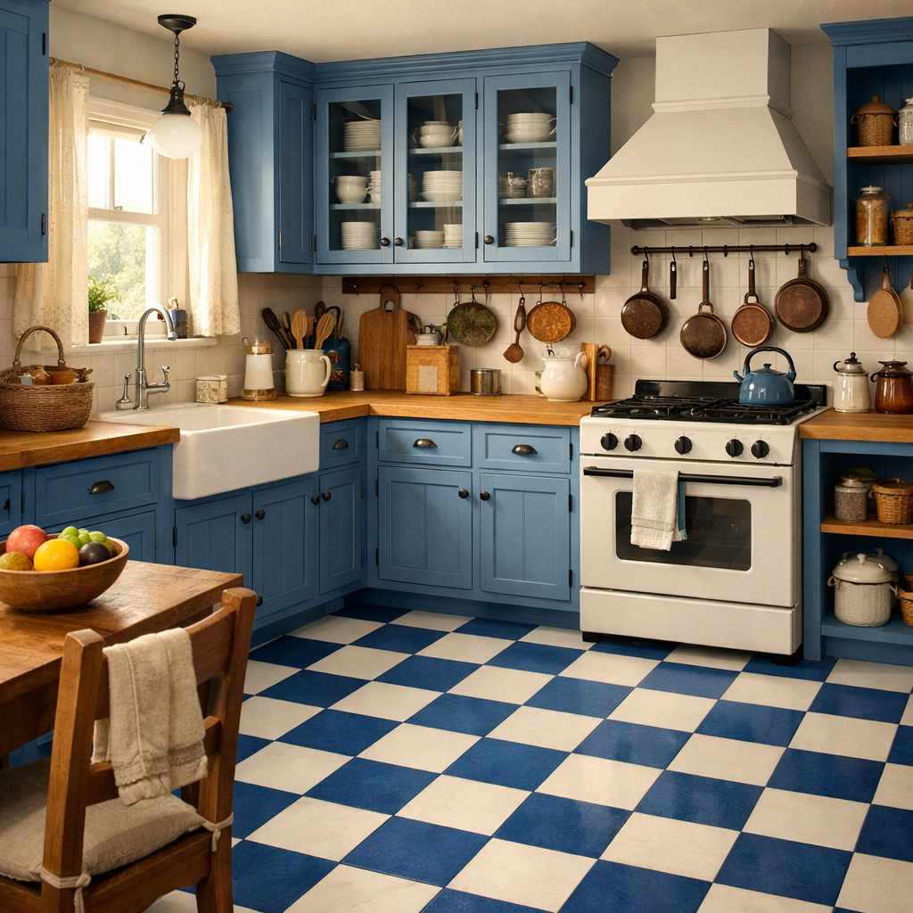 A cozy farmhouse kitchen with blue cabinets and blue and white checkerboard flooring.