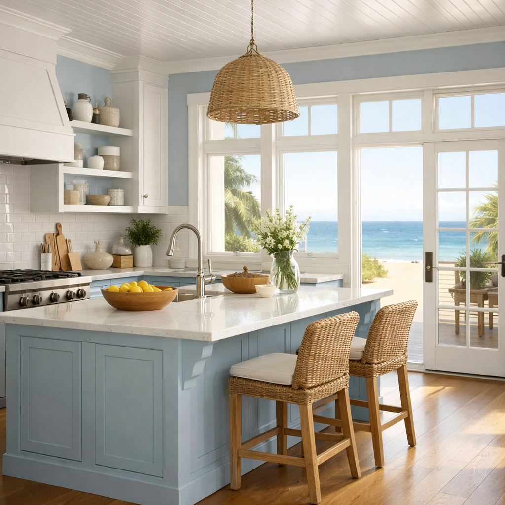 A coastal blue farmhouse kitchen with light blue walls, white cabinets, and ocean views.