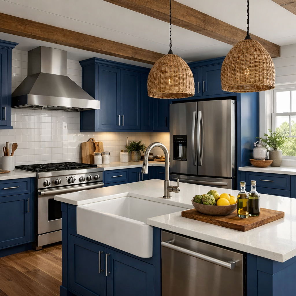 Blue farmhouse kitchen featuring contemporary stainless steel appliances, a large farmhouse sink, and stylish decor.
