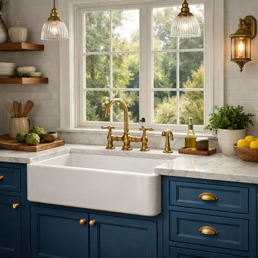 A blue farmhouse kitchen featuring a white farmhouse sink with brass fixtures, wooden shelves, and a window with a view.