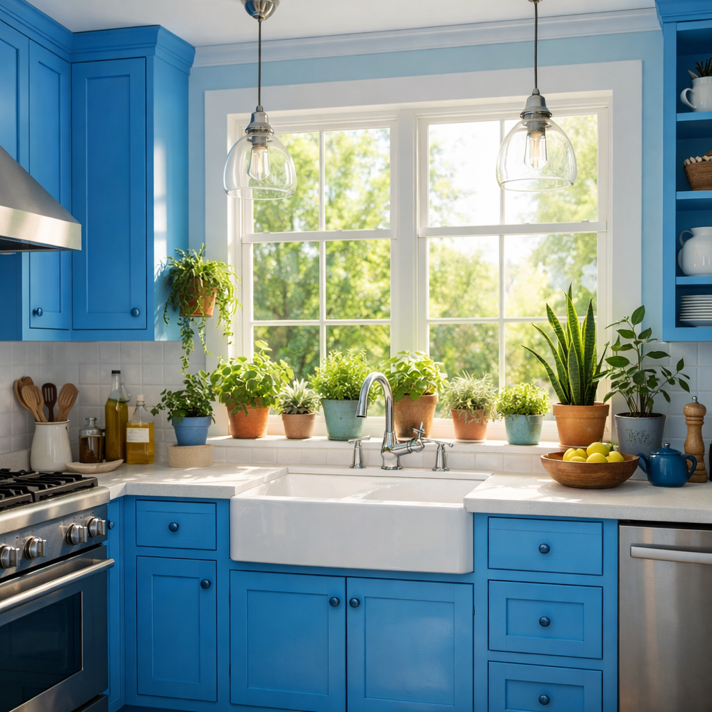 Bright blue farmhouse kitchen with large windows and potted plants