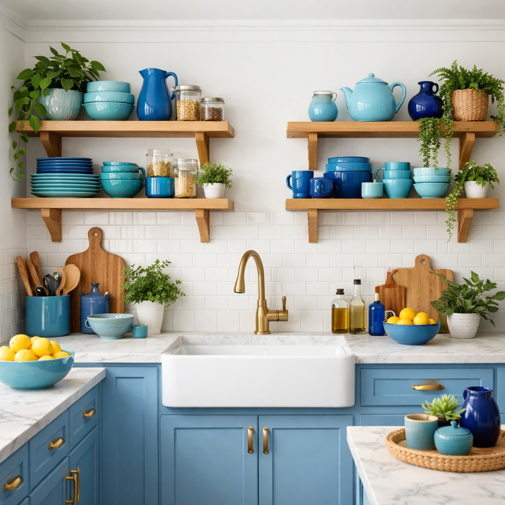 Beautiful farmhouse kitchen with open shelving displaying blue dishware and decor.