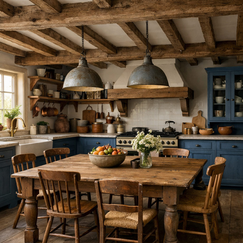 A cozy blue farmhouse kitchen featuring rustic wood accents with wooden beams, a table, and shelves.