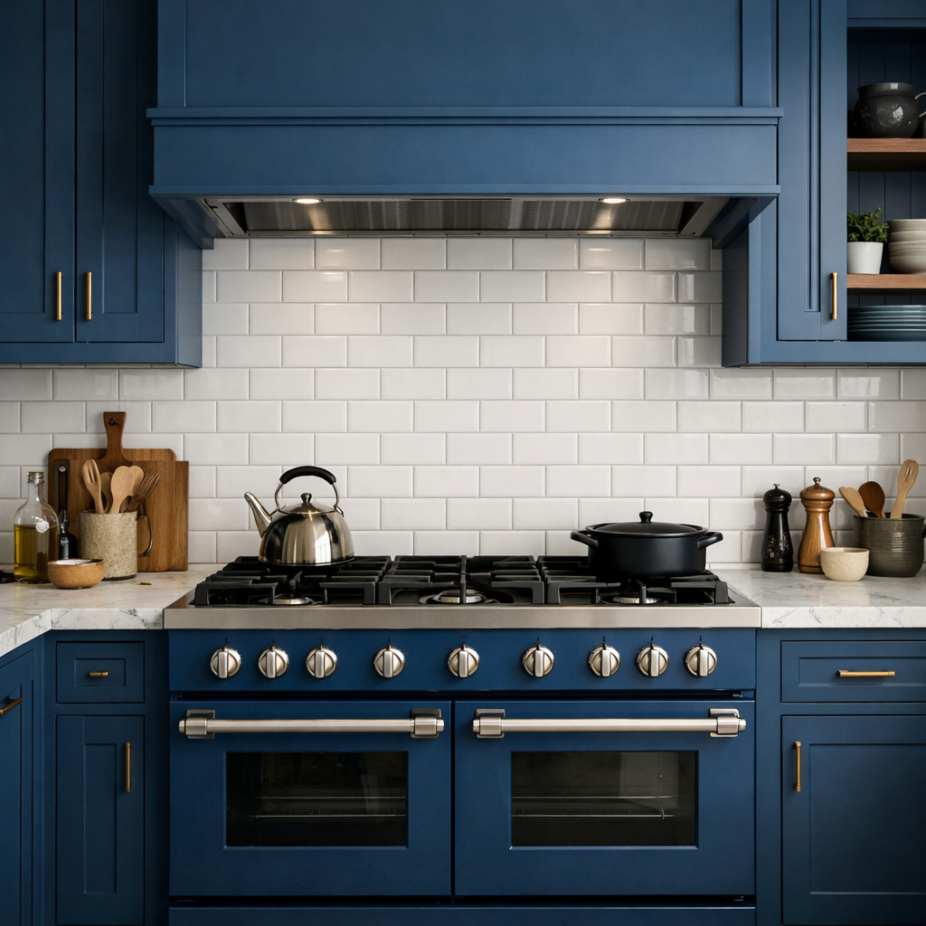 A blue farmhouse kitchen featuring a subway tile backsplash with modern appliances.