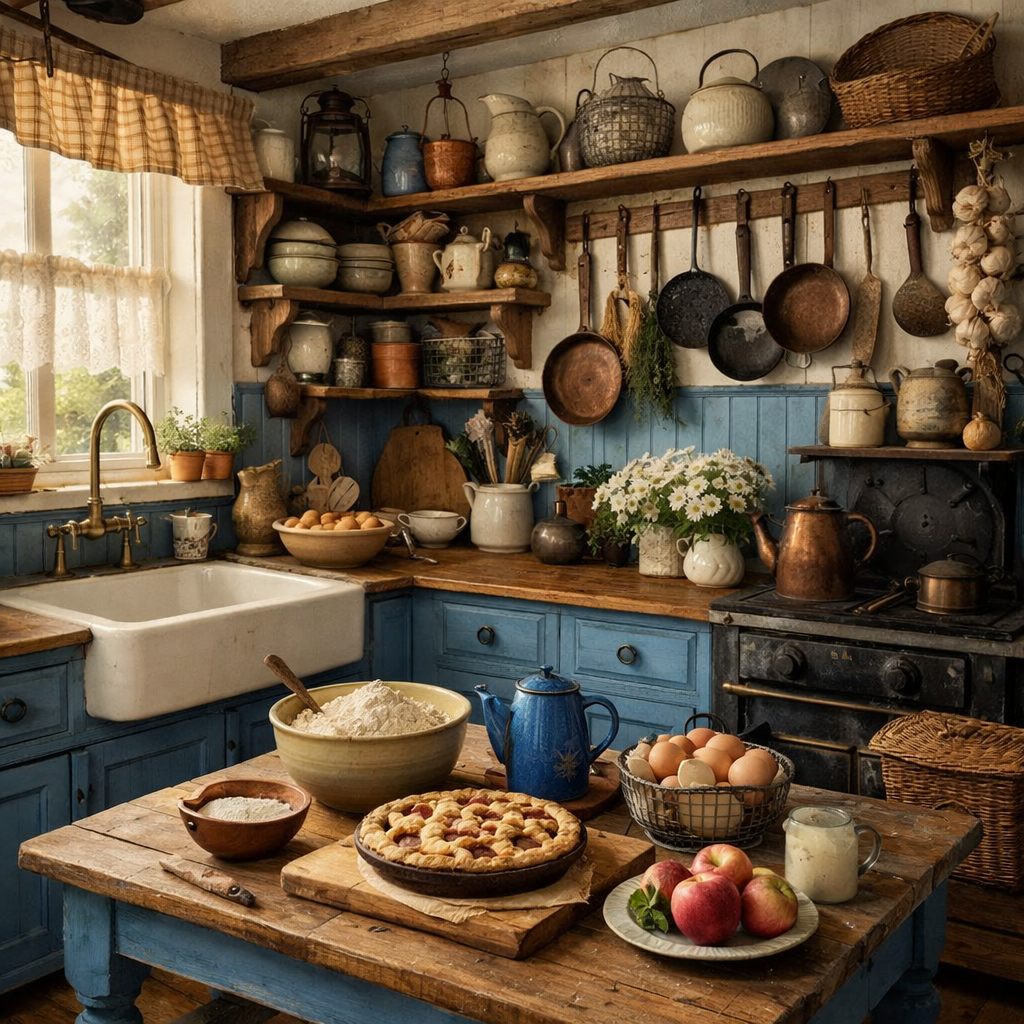 Vintage farmhouse kitchen with blue cabinetry, rustic decor, and baking ingredients on a wooden table.