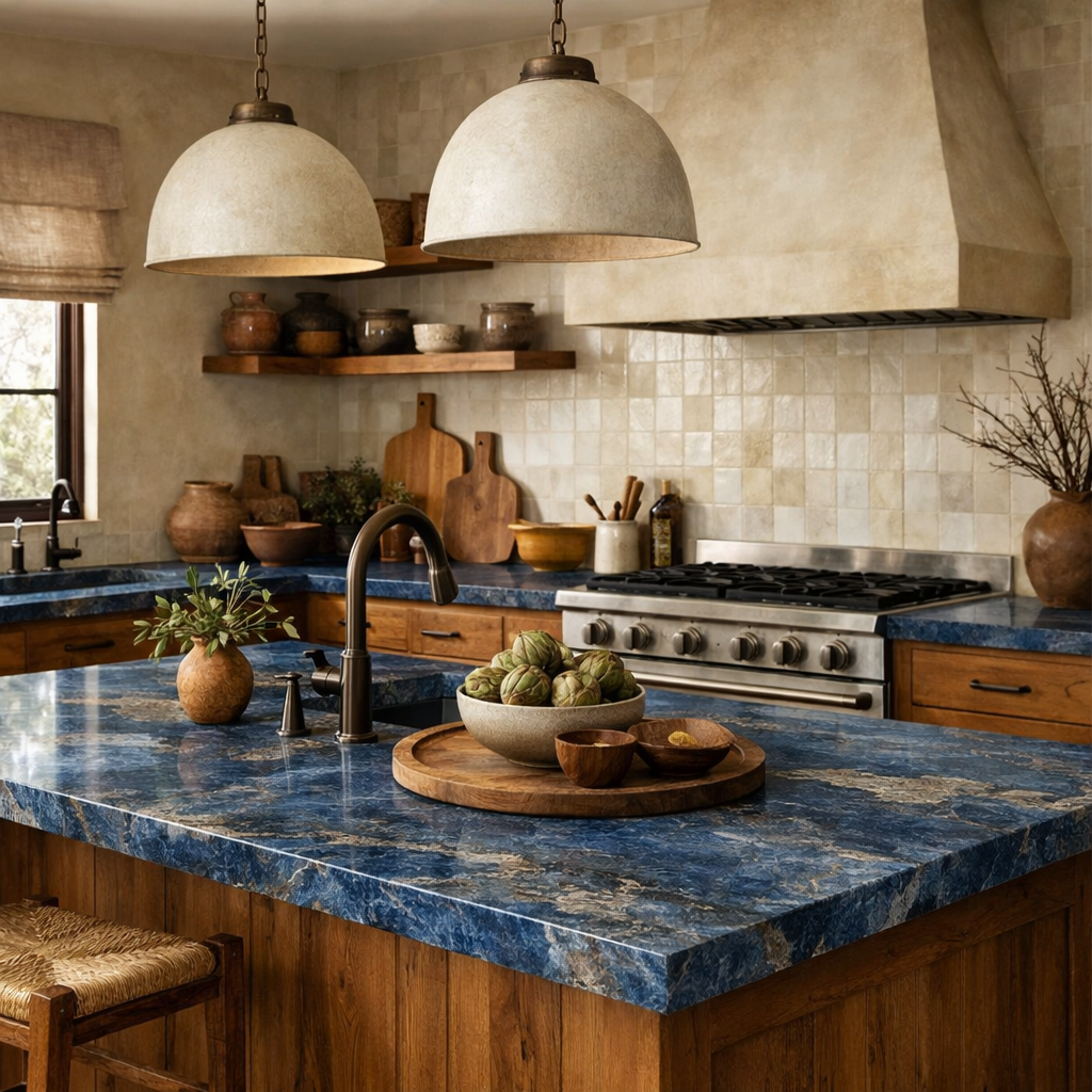 A kitchen featuring blue natural stone countertops, wooden cabinets, and rustic decor.