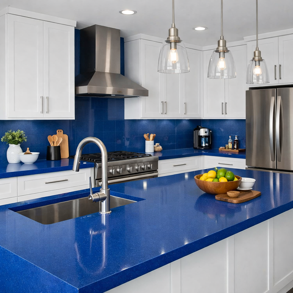 A modern kitchen featuring vibrant blue countertops and crisp white cabinetry.