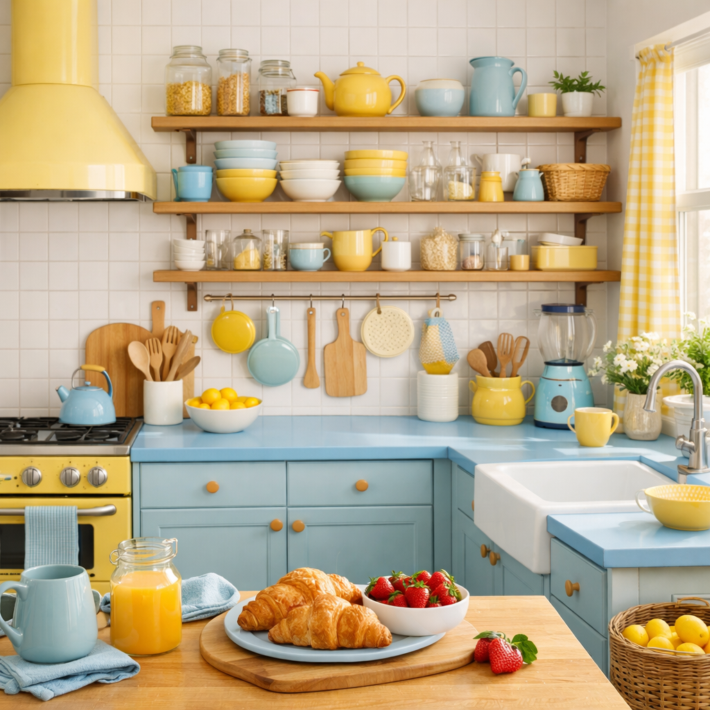 A bright kitchen featuring light blue countertops with yellow accents, filled with colorful kitchenware and fresh fruits.