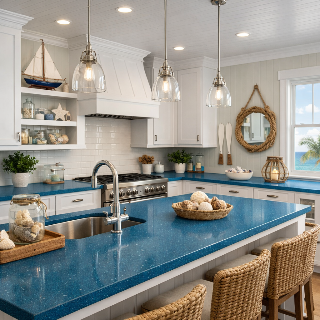 A kitchen featuring ocean blue countertops, white cabinets, and coastal decor elements