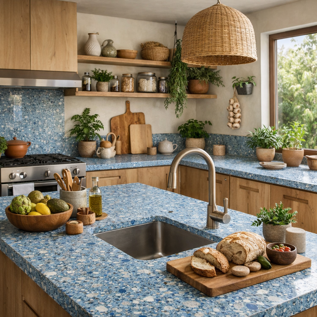 A stylish kitchen with recycled blue countertops, featuring wooden shelves, plants, and fresh ingredients.