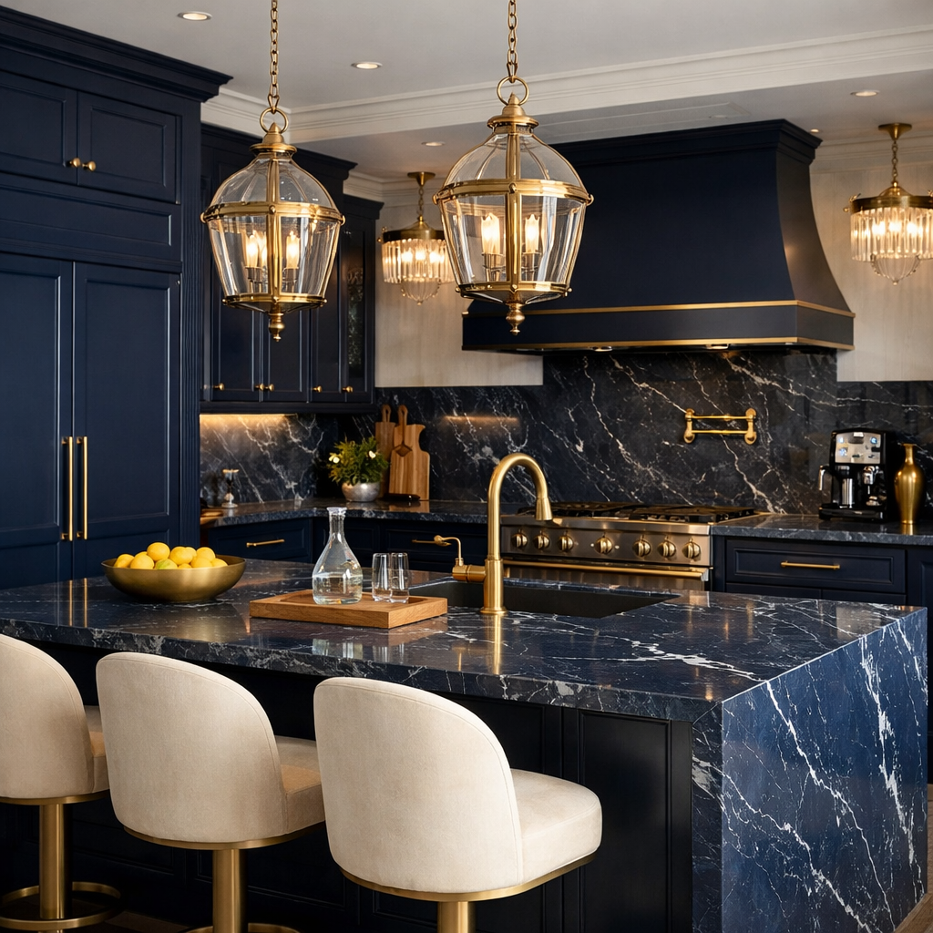 A sophisticated kitchen featuring navy blue cabinets and marble countertops with gold fixtures.