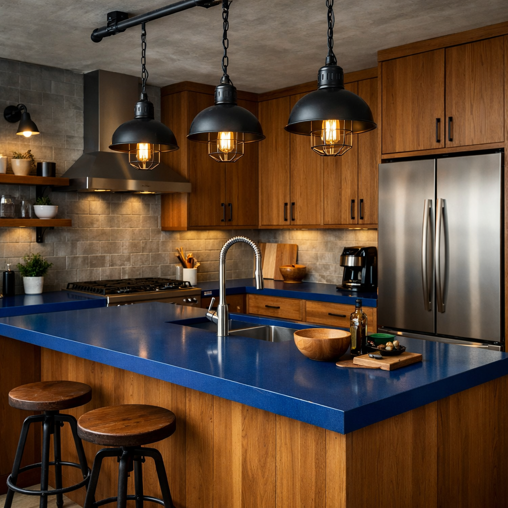 A modern kitchen featuring blue countertops, wooden cabinetry, and black pendant lights.