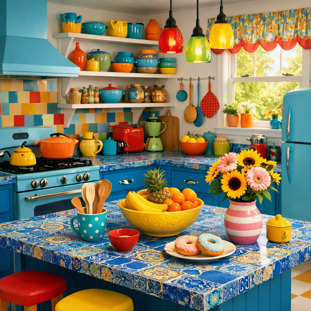 A colorful kitchen featuring blue countertops with playful patterns, vibrant decor, and decorative kitchenware.