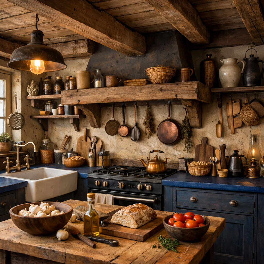 A rustic kitchen with deep blue countertops, wooden shelves, and vintage cookware.