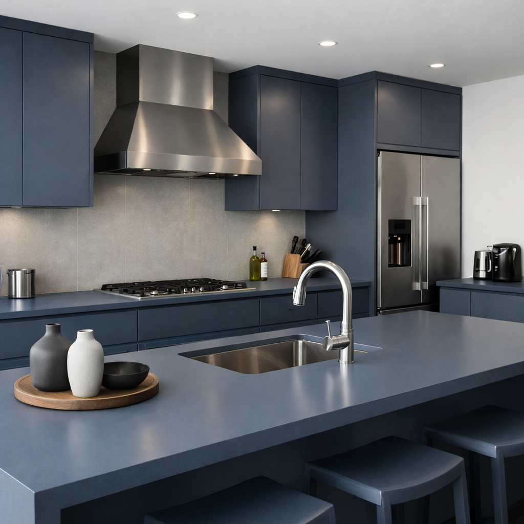 A modern kitchen showcasing sleek matte blue countertops and cabinets.
