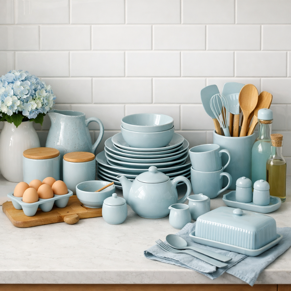 A collection of pale blue kitchenware including plates, bowls, mugs, and utensils arranged on a countertop.