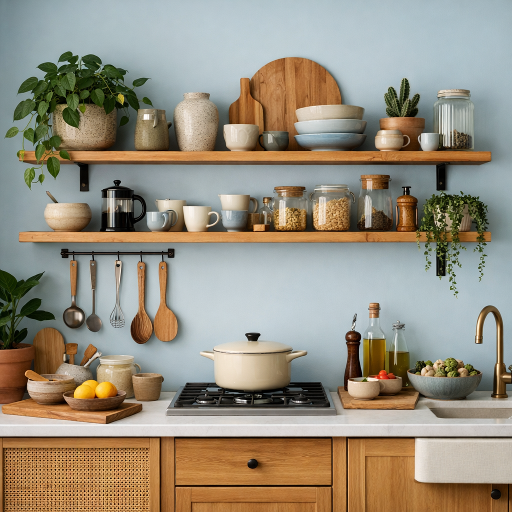 A pale blue kitchen with natural wood shelves and plants.