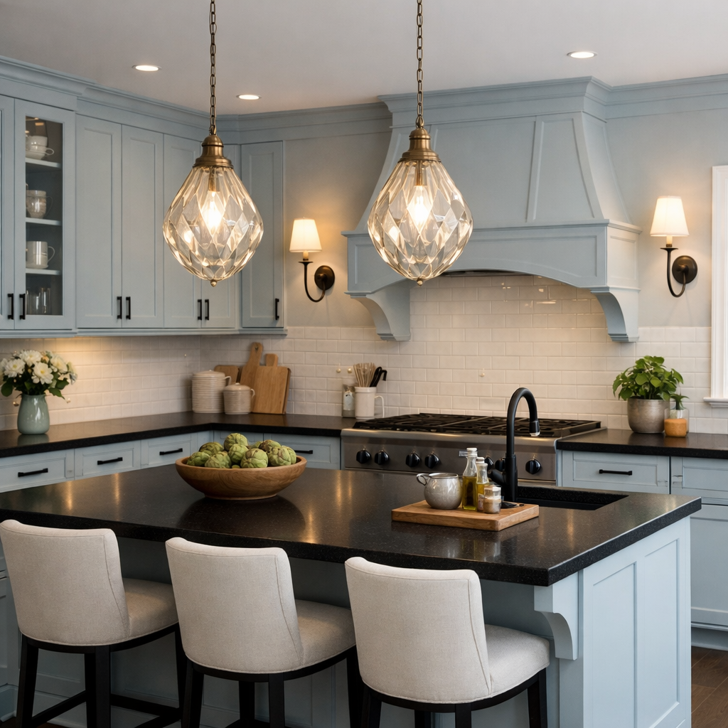 A well-designed pale blue kitchen featuring a dark countertop and warm lighting.