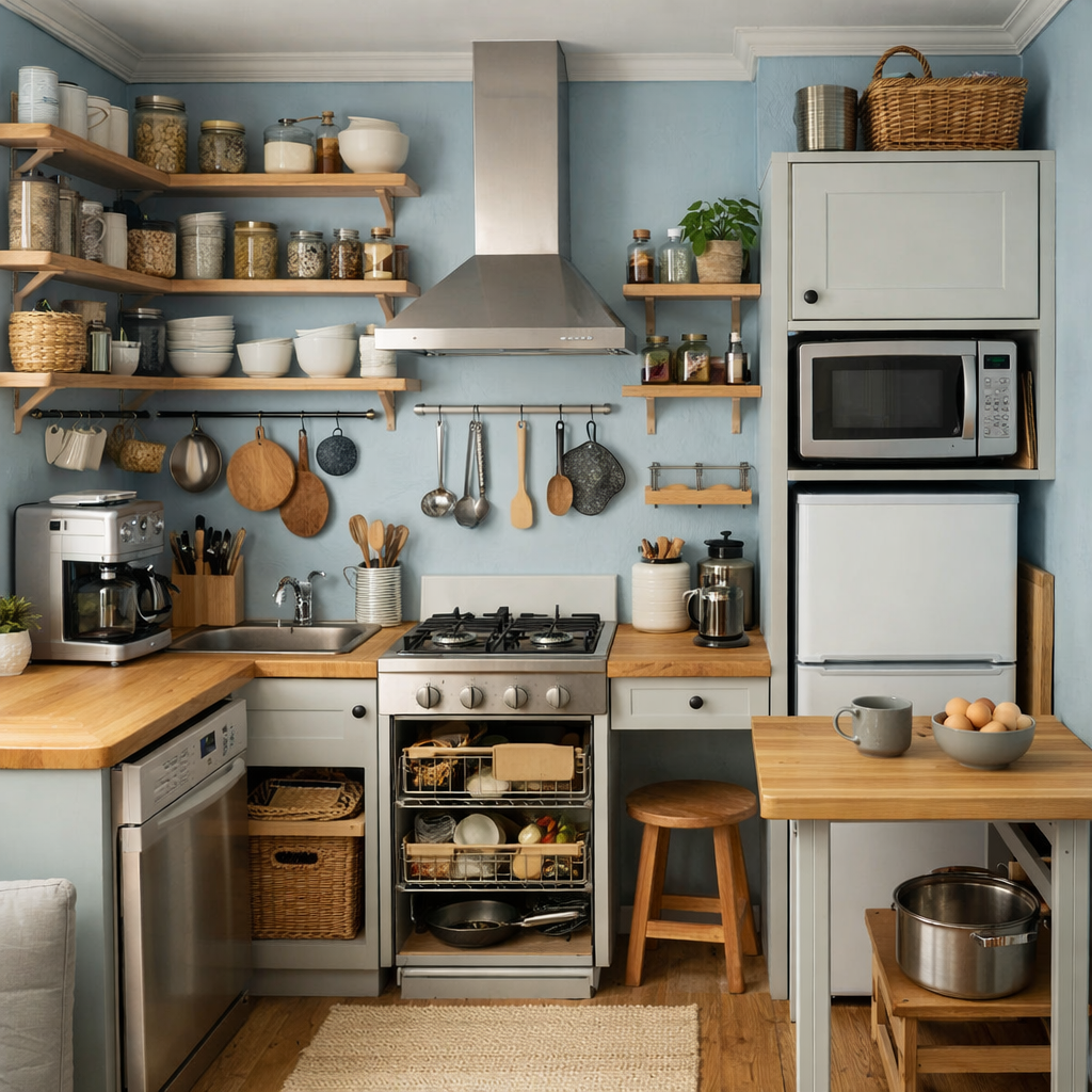 A small kitchen featuring pale blue walls, wooden shelves, and modern appliances.