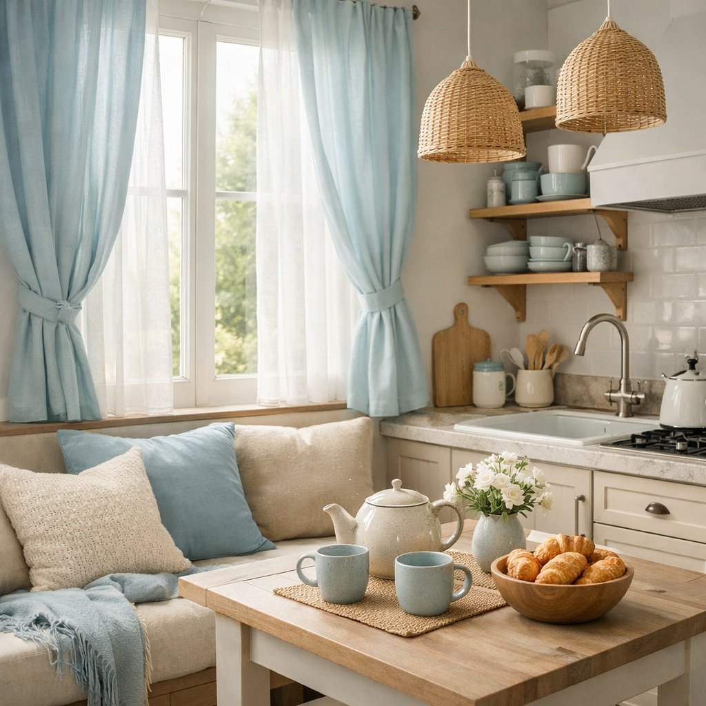 A cozy kitchen with pale blue curtains, cushions, and a wooden table featuring tea and croissants.