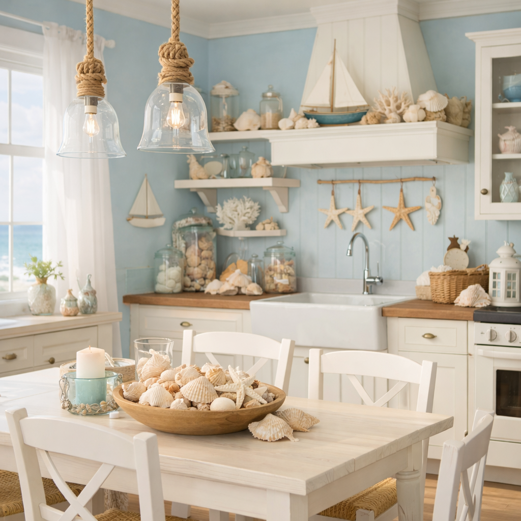 A coastal-inspired pale blue kitchen featuring white cabinetry, natural wood elements, and decor items like shells and starfish.