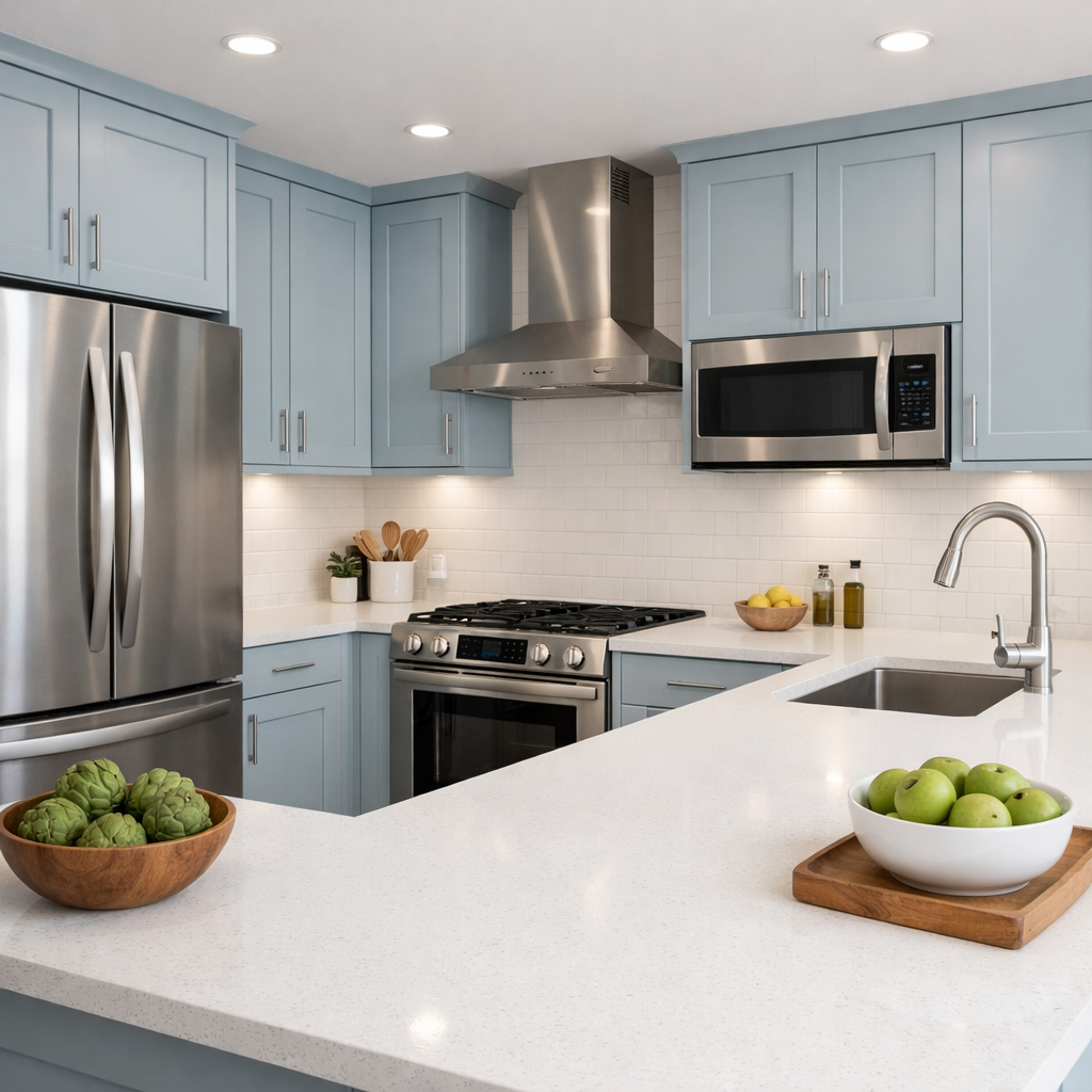 A modern kitchen featuring pale blue cabinets and stainless steel appliances.