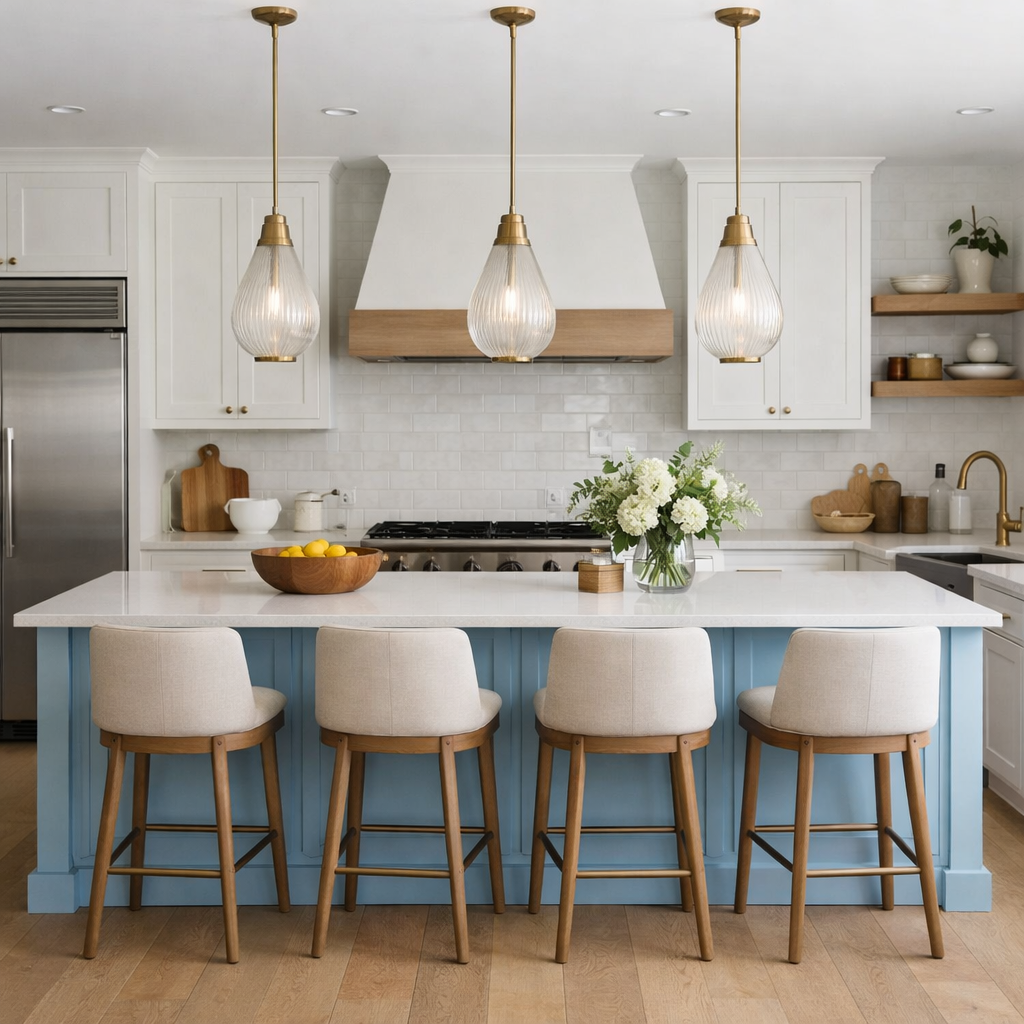 A pale blue kitchen island with light-colored stools and stylish pendant lights