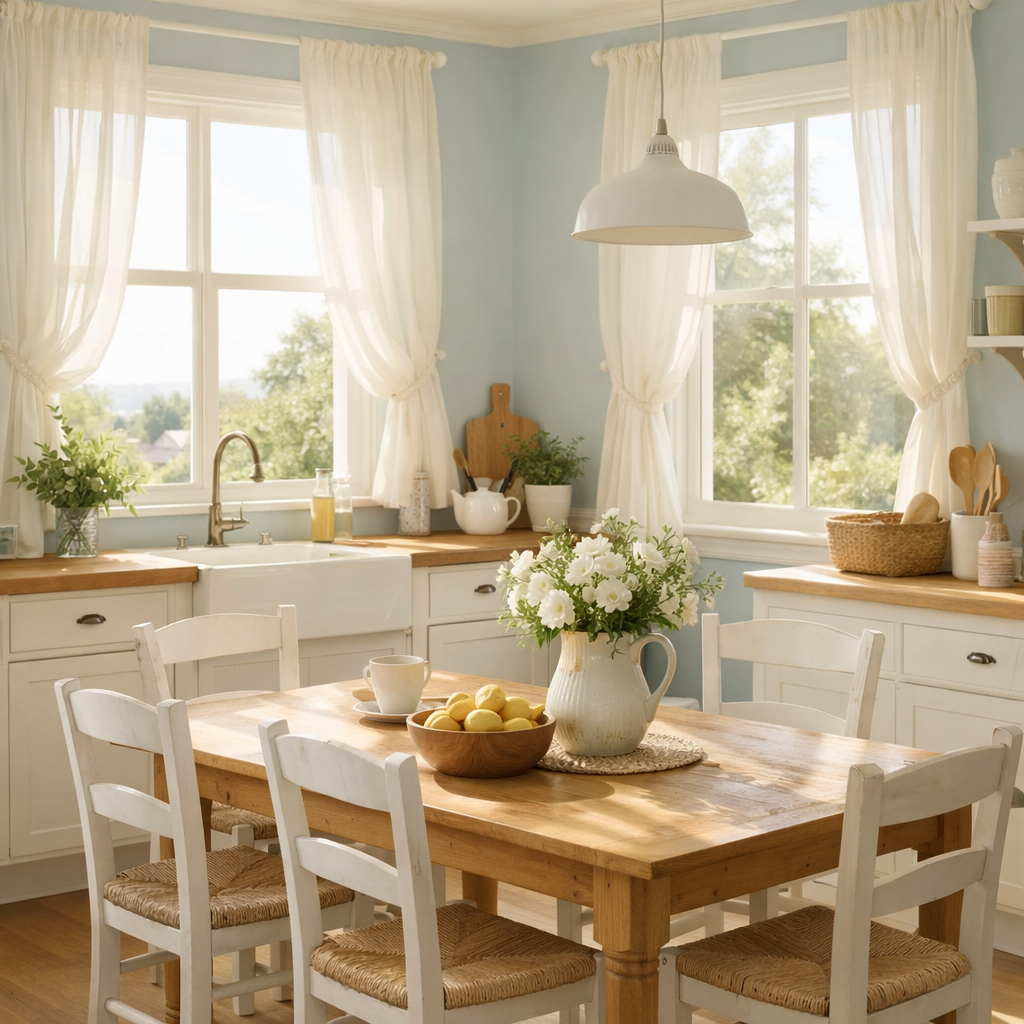 A bright kitchen with pale blue walls, natural light from large windows, and a rustic wooden table.