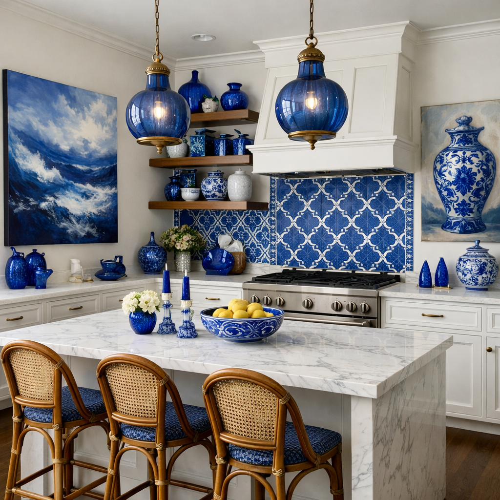 Artistic blue decor in a modern kitchen featuring blue vases, plates, and an intricate backsplash.