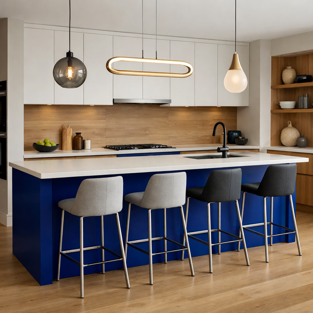 Modern kitchen featuring a bold blue island, stylish bar stools, and contemporary lighting.
