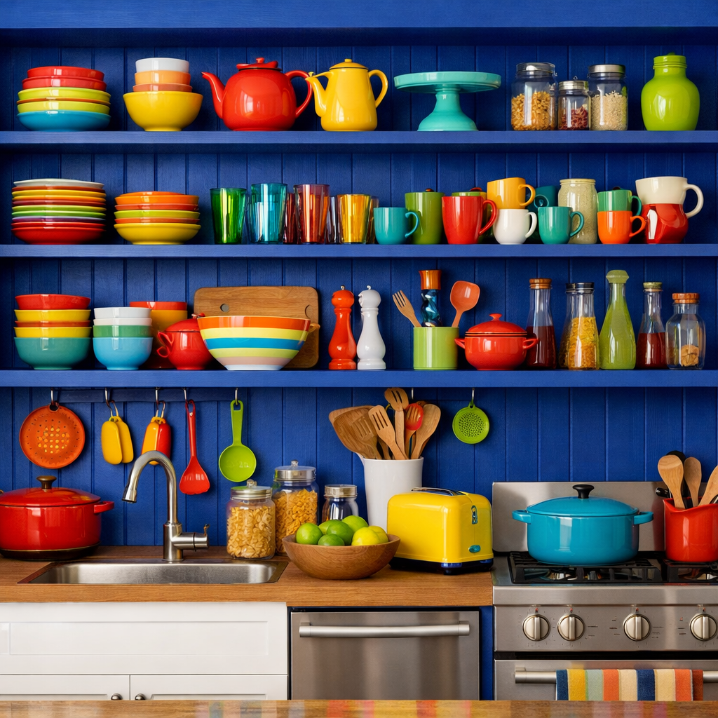 Bright blue kitchen shelf with colorful dishes and containers