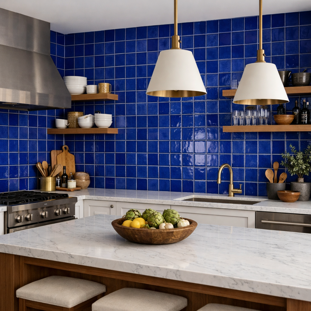 A kitchen with a royal blue tile backsplash, wooden shelves, a marble countertop, and stylish lighting fixtures.