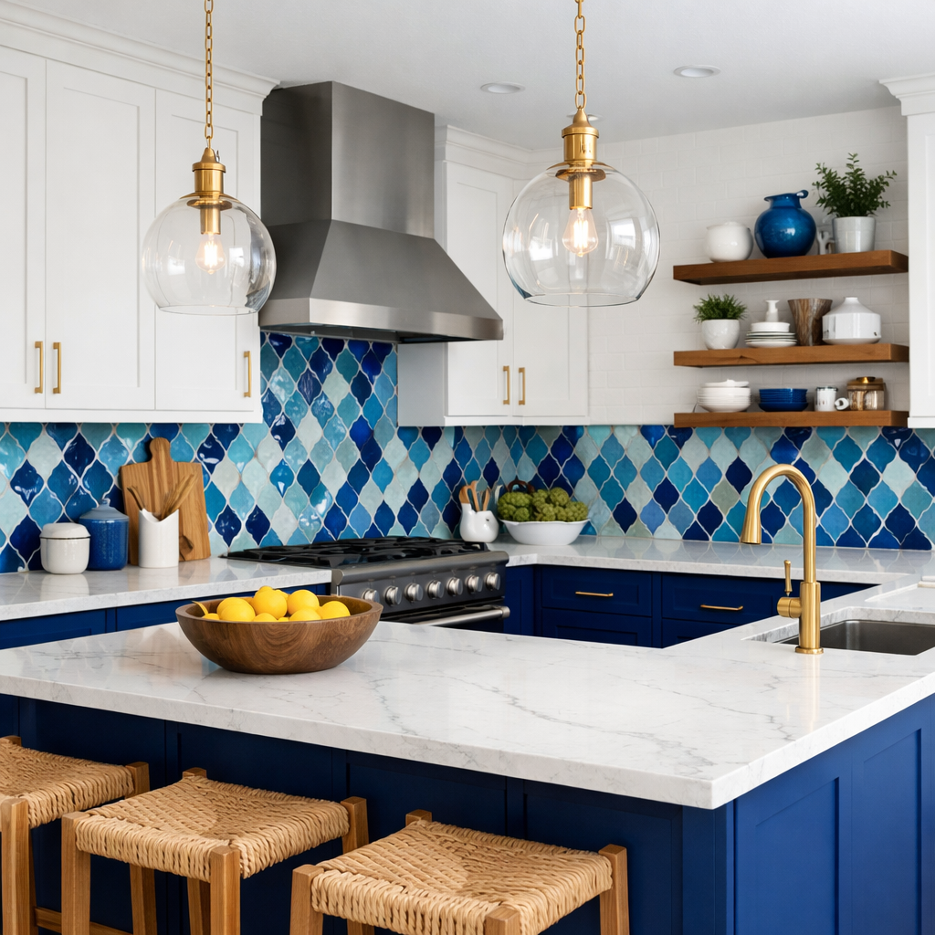 A beautifully designed kitchen featuring royal blue cabinets with white accents and a colorful tile backsplash.