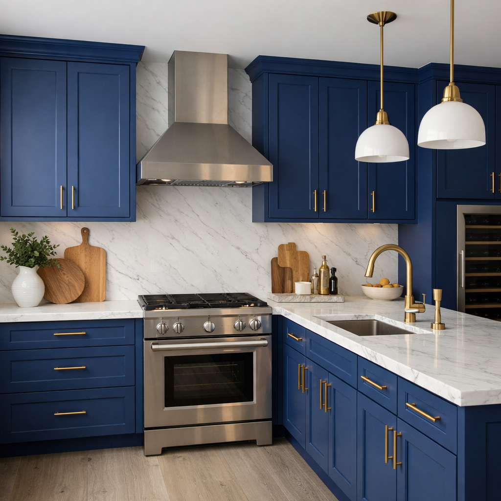 A modern kitchen featuring royal blue cabinets with marble countertops and gold accents.