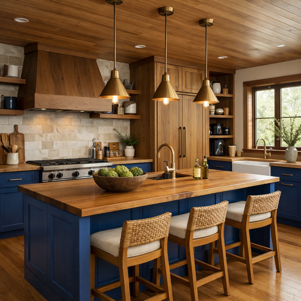 A modern kitchen featuring royal blue cabinetry and natural wood accents.
