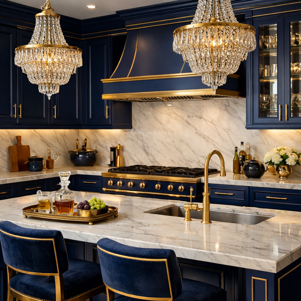 Sophisticated kitchen with royal blue cabinets and gold accents.