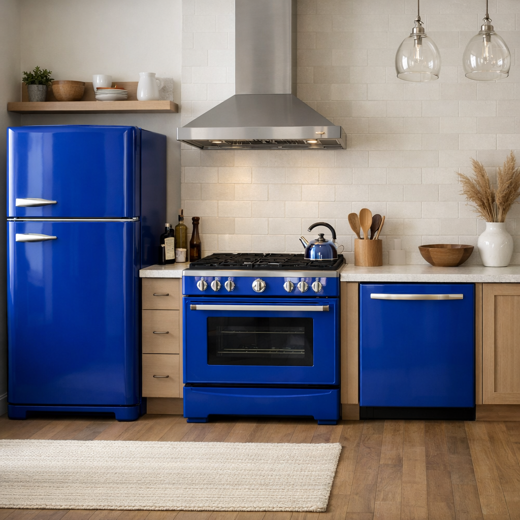 A modern kitchen featuring vibrant royal blue appliances including a refrigerator, oven, and dishwasher, complemented by wooden accents and a soft rug.